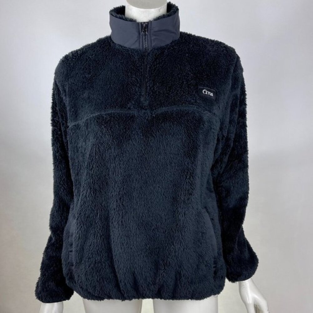 ZYIA Teddy 1/4 Zip Pocket Jacket Long Sleeve Lined Collar Pullover Black Women M